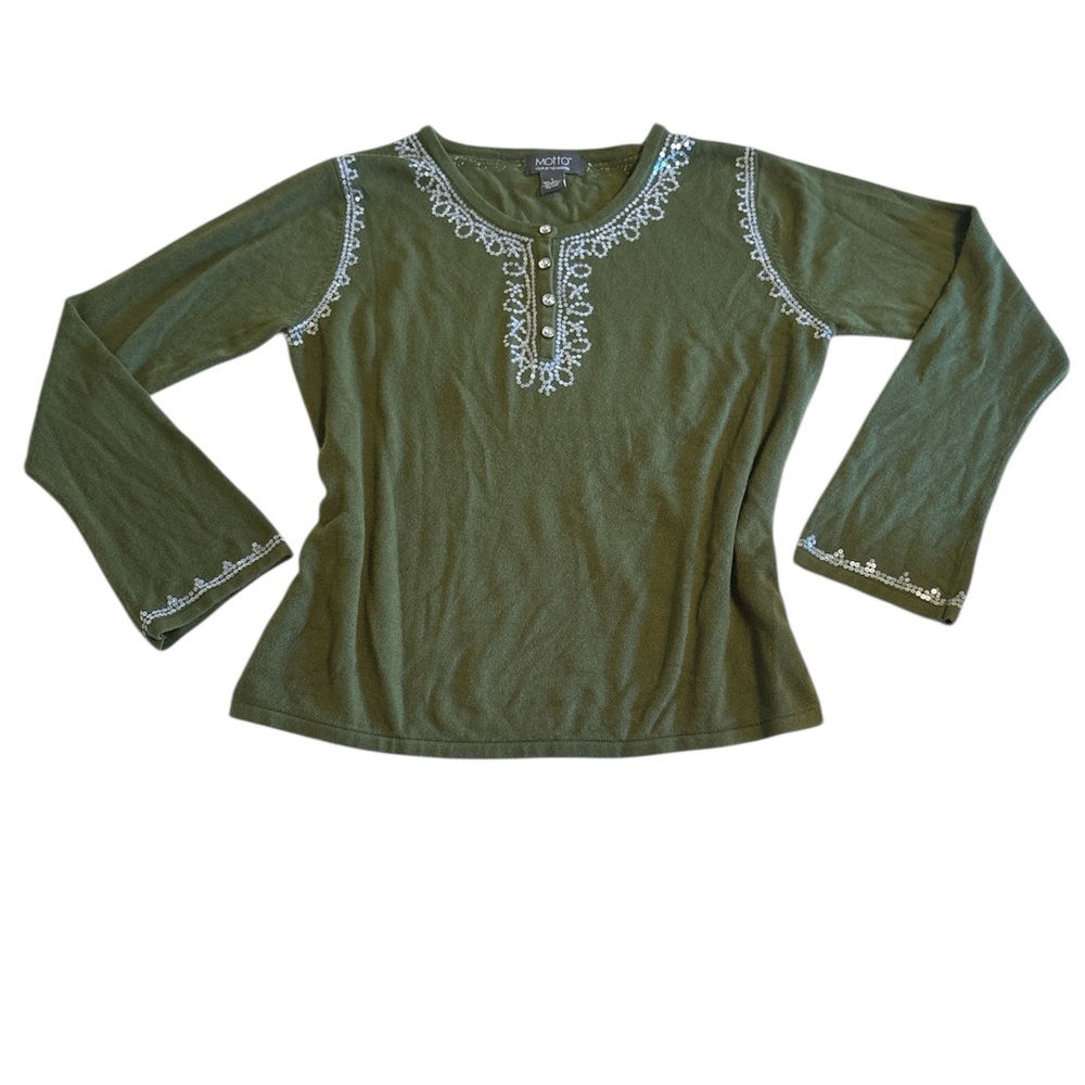 Motto Y2K Olive Green Sequin Embellished Trim Fairy Grunge Henley Blouse Size L